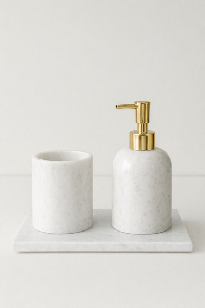 DMR HOME Doğal Mermer Banyo Seti – Sıvı Sabunluk ve Diş Fırçalık | Modern Min...