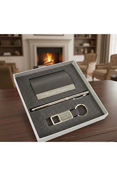 Joyvera İsme Özel Lüx Kartvizitlik Anahtarlık Ve Roller Kalem Seti Siyah