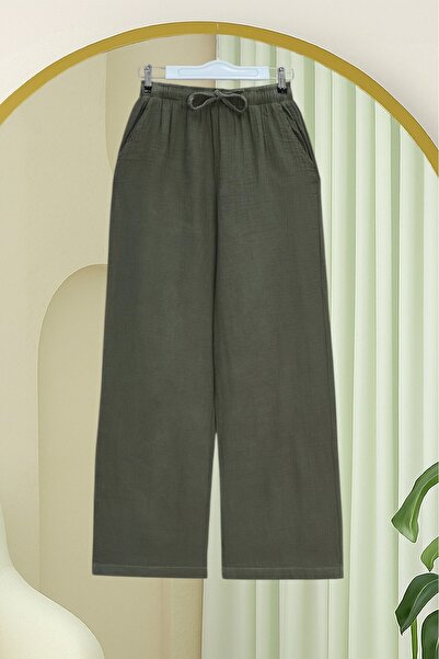 Modamorfo Pantaloni din muselină cu talie elastică și șireturi, cu picior lar...