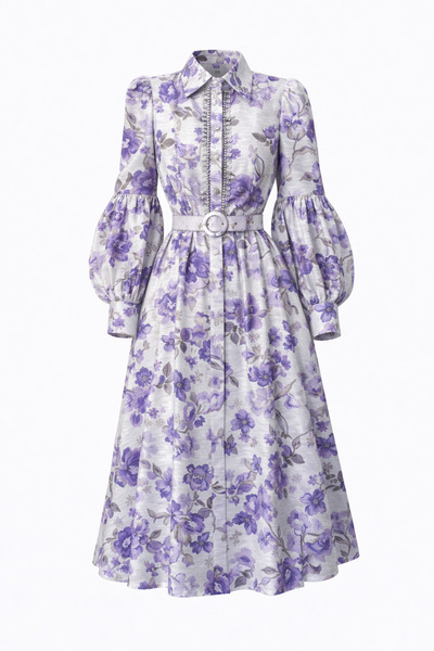 Julidress Lilac Stone Embellishment Detailed Belted Premium Design Linen Dress