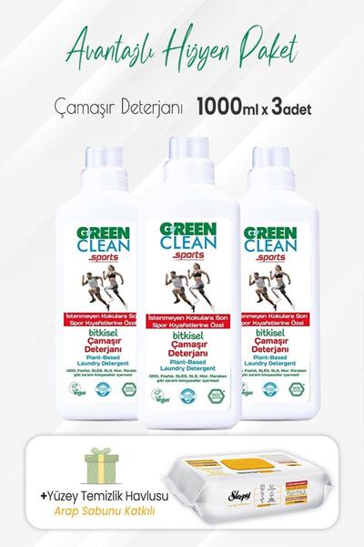 Green Clean Çamaşır Deterjanı Sports 1000 ml x 3 Adet ve Arap Sabunlu Temizli...