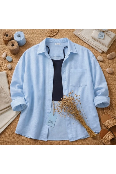 fatma keskin linna butik Women's Baby Blue Linen Shirt New Season Summer Shir...