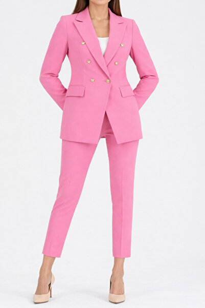 pembekurdelem Γυναικείο σακάκι μπλέιζερ ζωσμένο παντελόνι σε ροζ