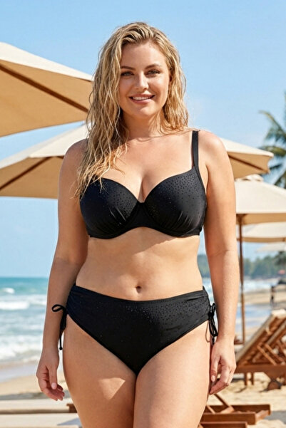 hazelin Kadın Siyah Taş İşlemeli Astarlı Büyük Beden Bikini Takımı HZL25S-LC2099