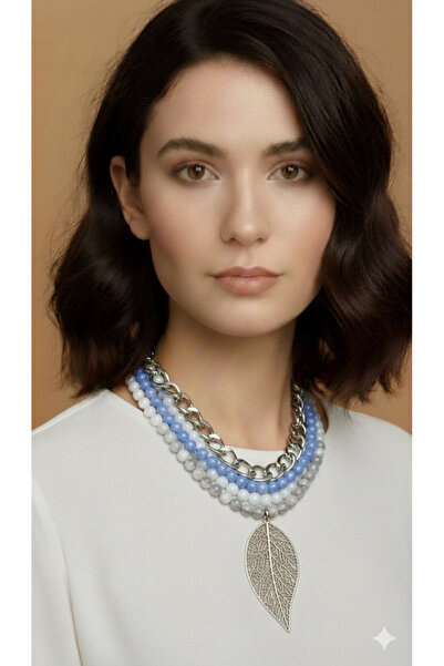 PETEK AKSESUAR أزرق أبيض رمادي ورقة Alaçatı سلسلة من الخرز الزجاجي قلادة متعددة
