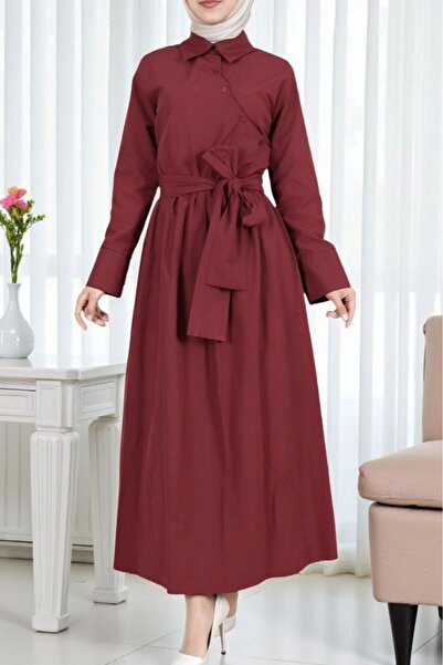 Modamorfo Çapraz Düğmeli Beli Bağlamalı Gömlek Yaka Elbise -Bordo