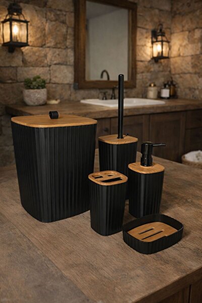 Okyanus Home Adhesive Wood Patterned Sapphire Black 5-Piece Bathroom Set