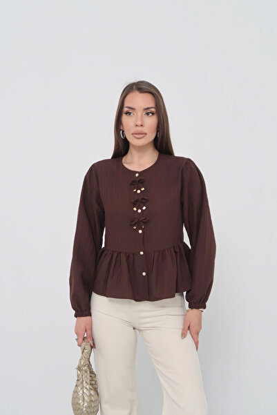 Lusin Women's Bitter Brown Bow Detailed Buttoned Long Sleeve Shirt Blouse