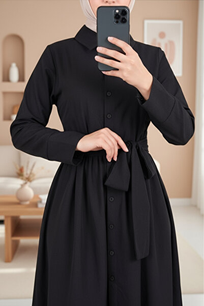Modamorfo Çapraz Düğmeli Beli Bağlamalı Gömlek Yaka Elbise -Siyah