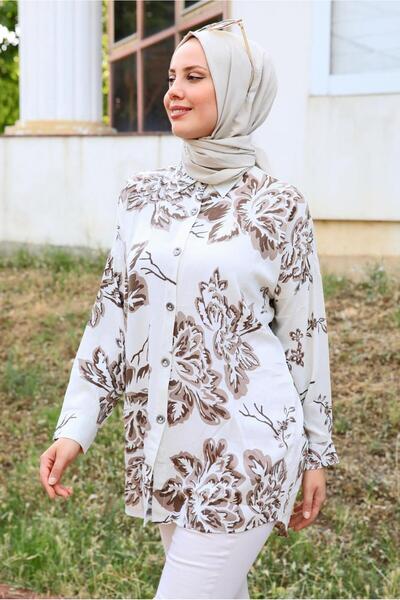 TRENDTESETTÜR KADIN KREM (KREM-VİZON) DESENLİ PAMUKLU TUNİK T 3613