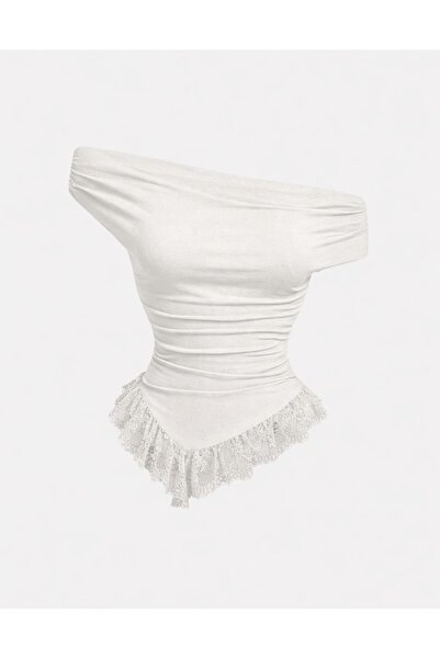 EVOA Women's Madonna Collar Tulle Detailed Gathered Asymmetrical Blouse