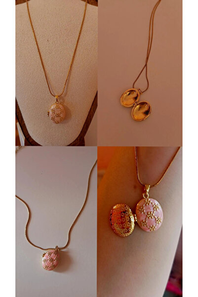 Mimoza Accessories Çelik Zincir, Pembe-Beyaz Mineli Kapaklı Fotoğraflı Kolye