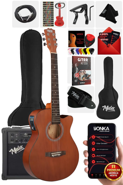 Midex Phx-188amp Masif Ağaç Elektro Akustik Gitar 4/4 (AMFİ ASKI CAPO JAK KABLO)