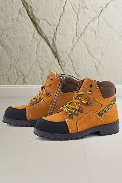 Rakerplus Genuine Leather Yellow Brown Lace up Zippered Children's Boots
