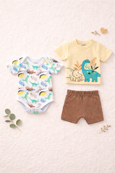 luay Unisex Cotton Beige T-Shirt, Short & Onesie Cotton 3-Piece Set: New Born