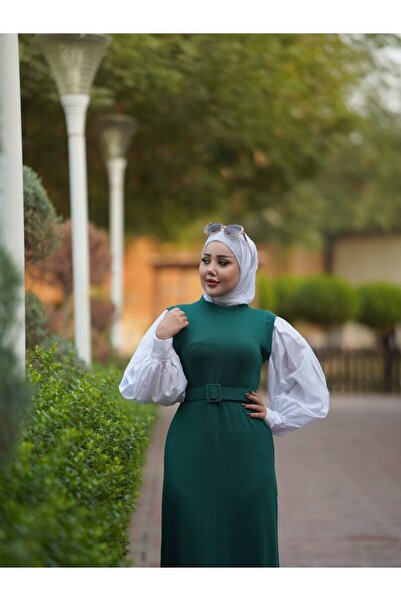 Esre Store 4437 - Πράσινο φόρεμα τεσεττούρ με ζώνη