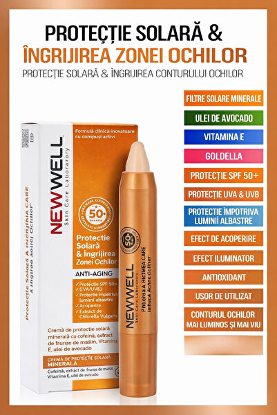 New Well Stick Contur Ochi SPF 50+ – Protecție Solară Minerală, Anti-Age, Efe...