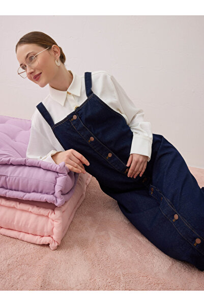 Benin Дънки от памук с метални копчета отпред, с ремъци, дълги дънки с копчет...