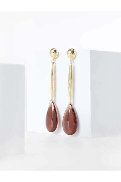 Jimmy Key Kahverengi Oval Figürlü Parlak Sallantılı Küpe