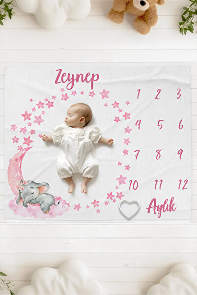 Lilabio %100 Pamuk İsme Özel Bebek Fotoğraf Çekim Anı Örtüsü (120x100 cm) Pem...