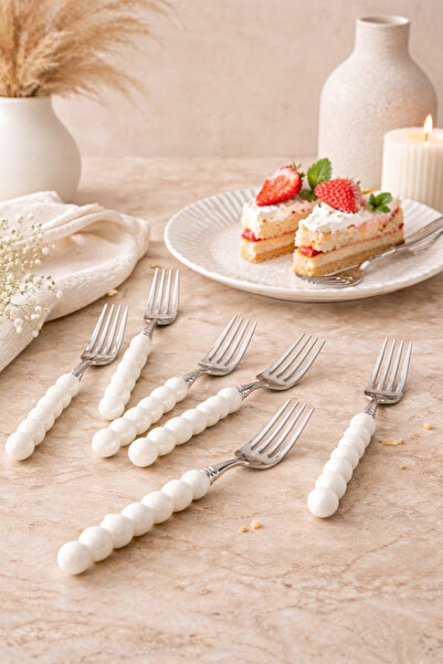 Anadolu Saray 6 Adet Beyaz Plastik İnci Taş Detaylı Gümüş Tatlı Çatal Takımı ...