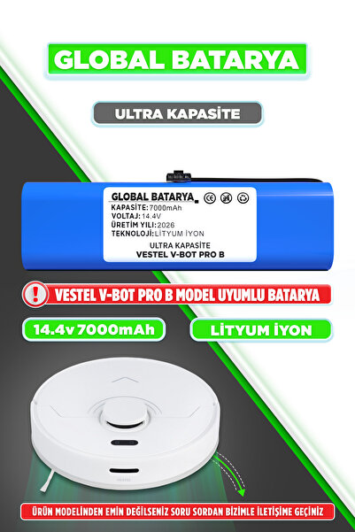 GLOBAL BATARYA Vestel V-Bot Pro B Uyumlu Robot Süpürge Bataryası 14.4v 7000mA...