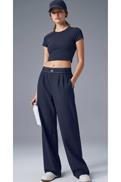 HepsitrentStore Dark Navy Blue Regular Elastic Waist Basic Trousers