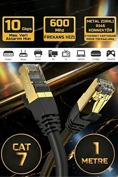 Derwell 1 Metre 1mt Yeni Nesil Rj45 Kablo Cat7u/ftp Altın Kaplama Korumalı 10...