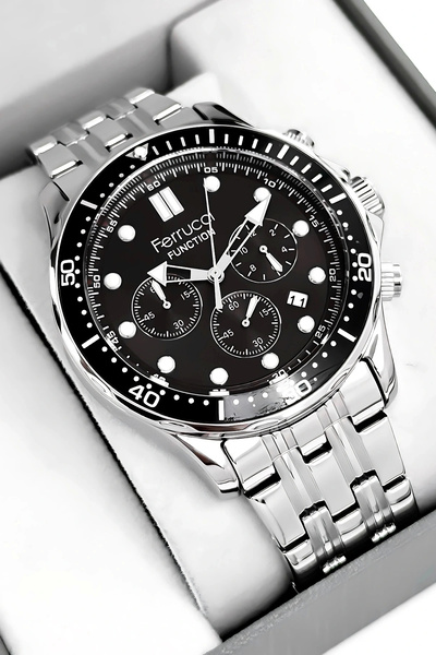 Ferrucci Function Men Wrist Watch Silver-Black Steel Band 3Atm Water Resistan...