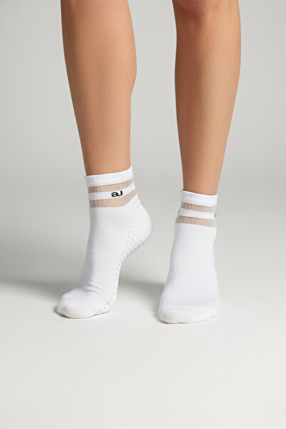 ALLUNIQUE Beyaz Kaydırmaz Taban Yoga ve Pilates Çorabı Tencel Lifli