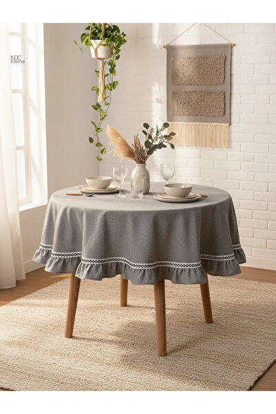 NDC HOME Gray Anthracite Special Series Round Ruffle Tablecloth