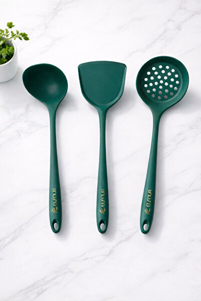 elfnur 3 Pieces Hard Tip Heat Resistant Silicone Colander Sıpatula Ladle Set