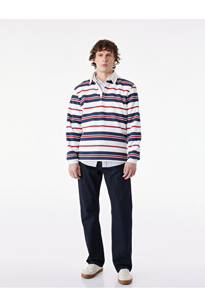Koton Long Sleeve Three Thread Ribbed Striped Buttoned Polo Collar Sweatshirt