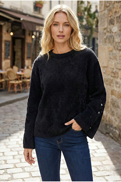 azragül giyim Crew Neck Sleeve Embroidered Knit Sweater