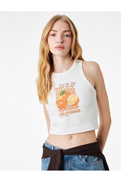 Koton Cotton Crew Neck Orange Printed Tank Top