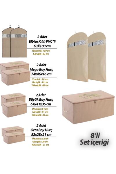 umbellatum 8 Parça Hurç Seti – 2 Mega 2 Büyük 2 Küçük + Elbise Kılıfı – Baza Altı Organizer Saklama Hurcu