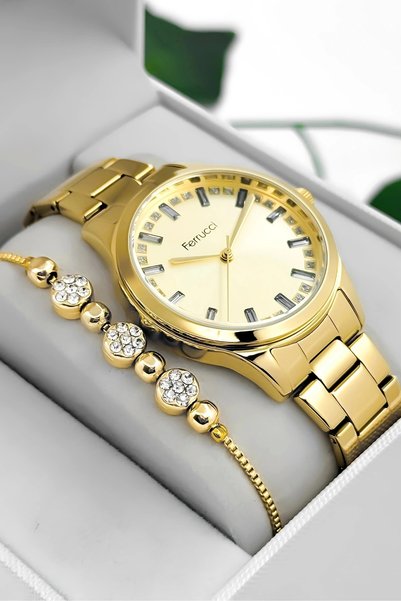 Ferrucci Steel Cord & Case Women Wrist Watch, Stone Detailed Dial Gold Sdfer181