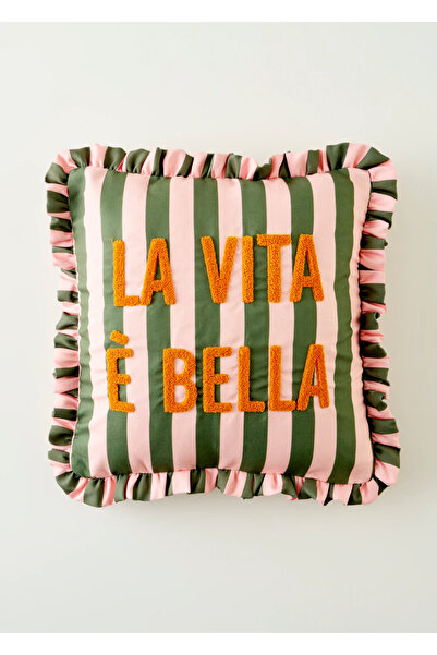 Bella Maison %100 Pamuk Line Punch Nakışlı Fırfırlı Kırlent Kılıfı Yeşil (43x...