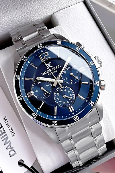 Daniel Klein ساعة يد رجالية حصرية 3 Atm مقاومة للماء باللون الفضي والأزرق وسو...