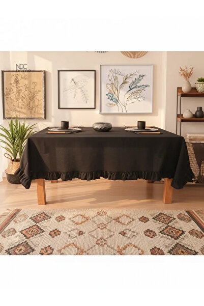 NDC HOME Black Linen Ruffle Tablecloth
