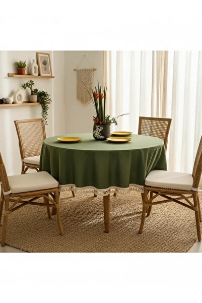 NDC HOME Premium Linen - Round Raw Pompom Tablecloth KHAKi