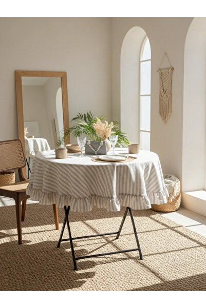 NDC HOME Grey Striped Linen Round Ruffle Tablecloth