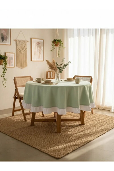 NDC HOME Green Linen Round (White) Ruffle Tablecloth