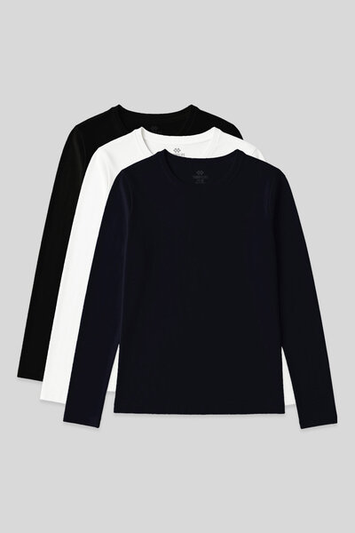 TOMMY LIFE Standart Fit Basic O Yaka 3lü Paket Siyah-Beyaz-Lacivert Kadın T-S...