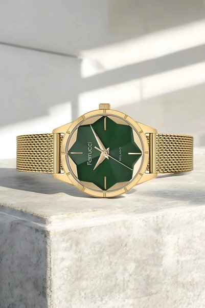 Ferrucci Stylish Steel Case and Mesh Strap, Women's Wristwatch, Original and Guaranteed Gold-Green Sdfer148