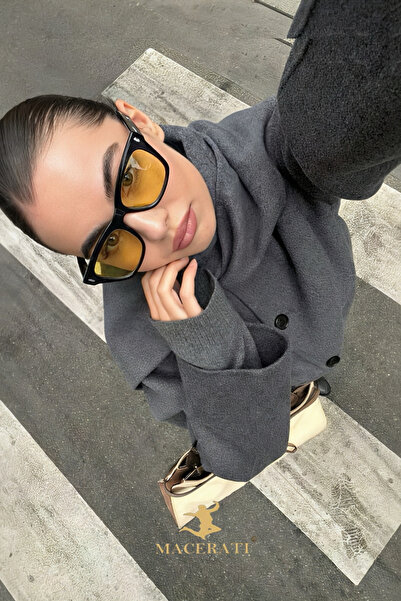 MACERATİ Urıs Unisex Black Square Frame Orange Glass Sunglasses