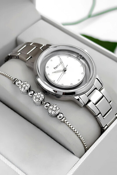 Ferrucci ساعة يد نسائية بسوار وعلبة من الستانلس ستيل، غطاء زجاجي خلفي شفاف فض...