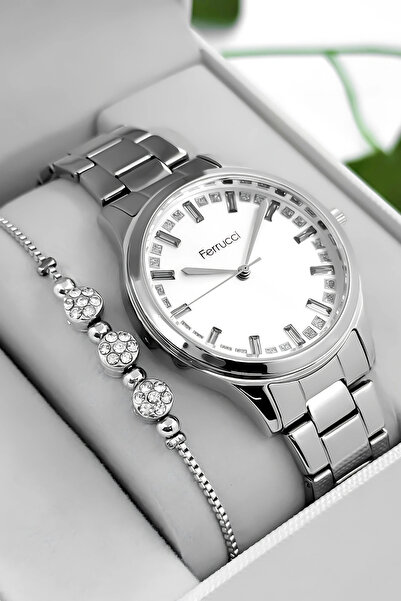 Ferrucci Steel Cord & Case Women Wrist Watch, Stone Detail Dial Silver Sdfer181