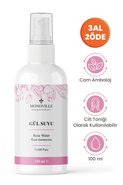 Monoville Gül Suyu Tonik Cam Şişe %100 Doğal 100 ml (Rose Water)