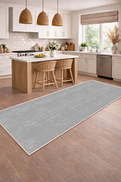 CENTER AVM Gri Halı Mutfak Halısı Makinede Yıkanabilir Halı Kaymaz Taban Halı